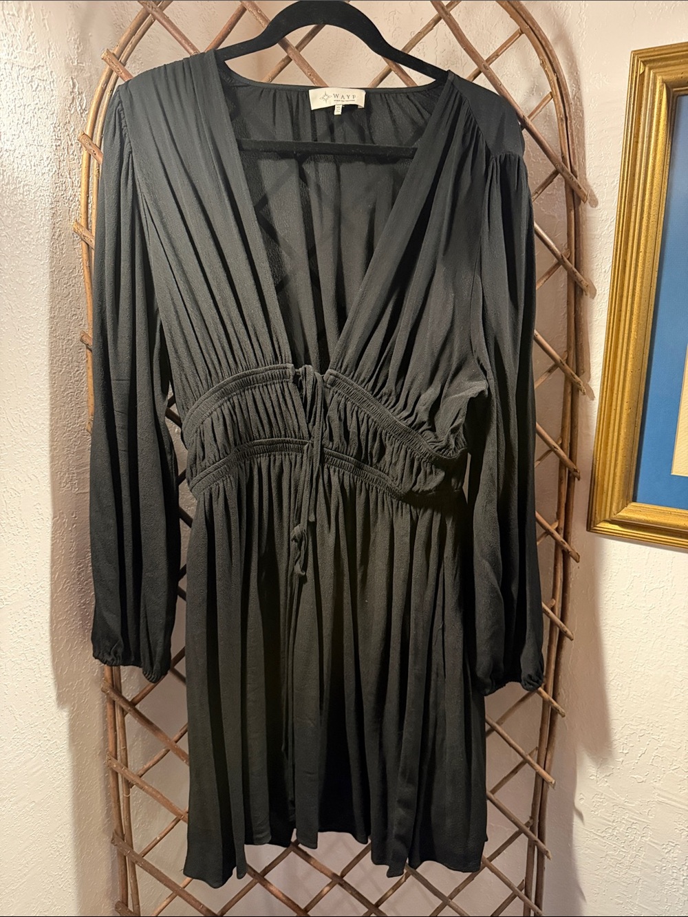 Wayf Black Long-Sleeve V-Neck Mini Dress with Gathered Waist